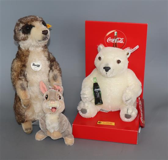 A Coca Cola bear, a Steiff Meerkat, and Thumper Rabbit, all unboxed